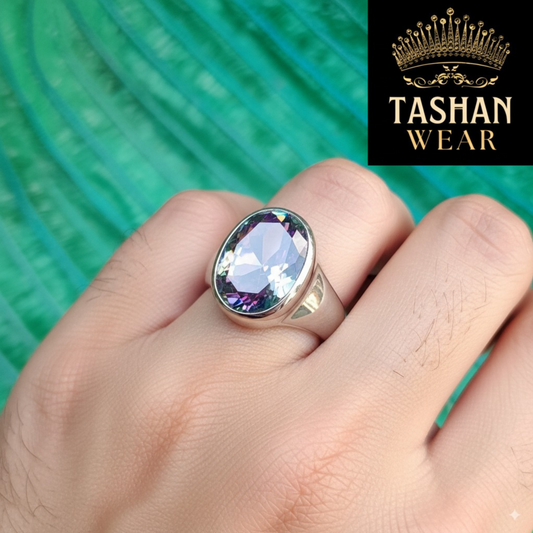 NATURAL EMERALD SIDE MOUNTED ZIRCON SILVER RING SIZE ALL