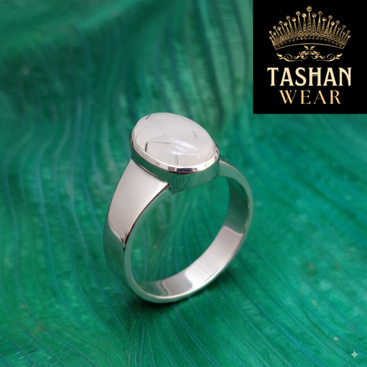 NATURAL WHITE MUH E NAJAF STONE – RUTILE QUARTZ – 18.90 CARAT PURE SILVER RING SIZE ALL