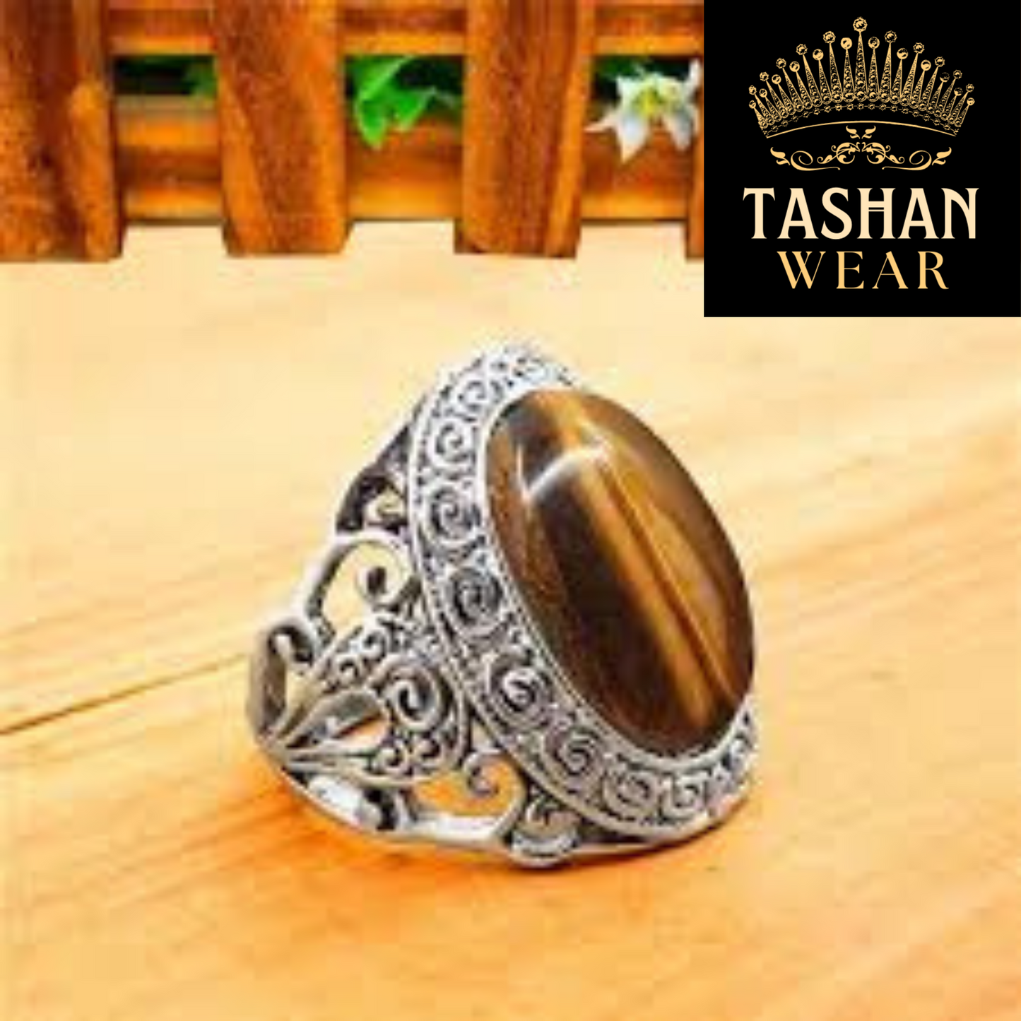 Natural Tiger Stone 15.20 CT Plus Ring