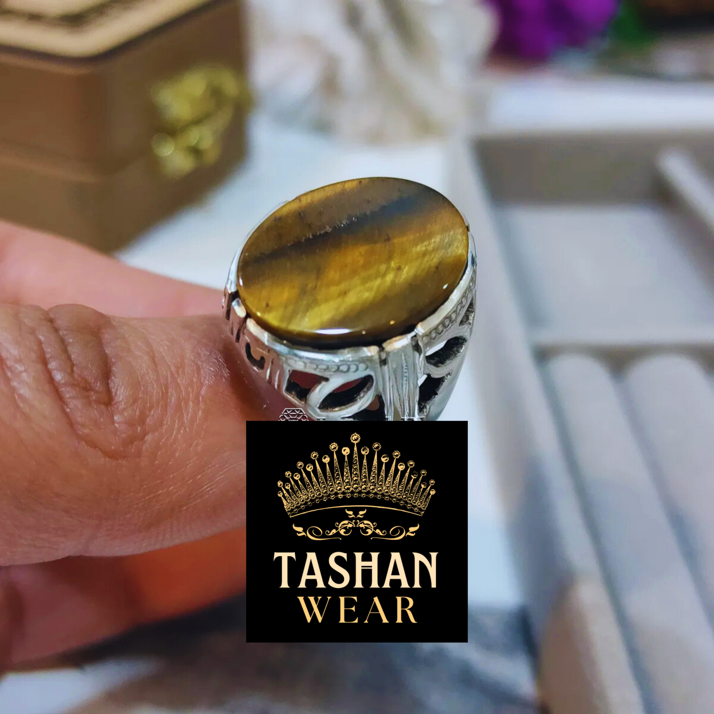 Natural Tiger Stone 15.20 CT Plus Ring