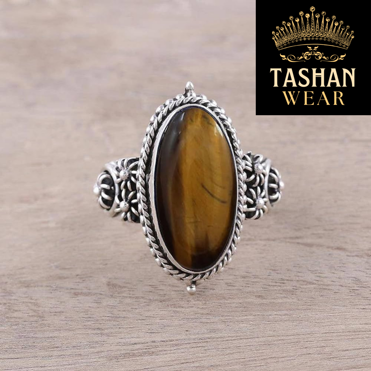 Natural Tiger Stone 15.20 CT Plus Ring